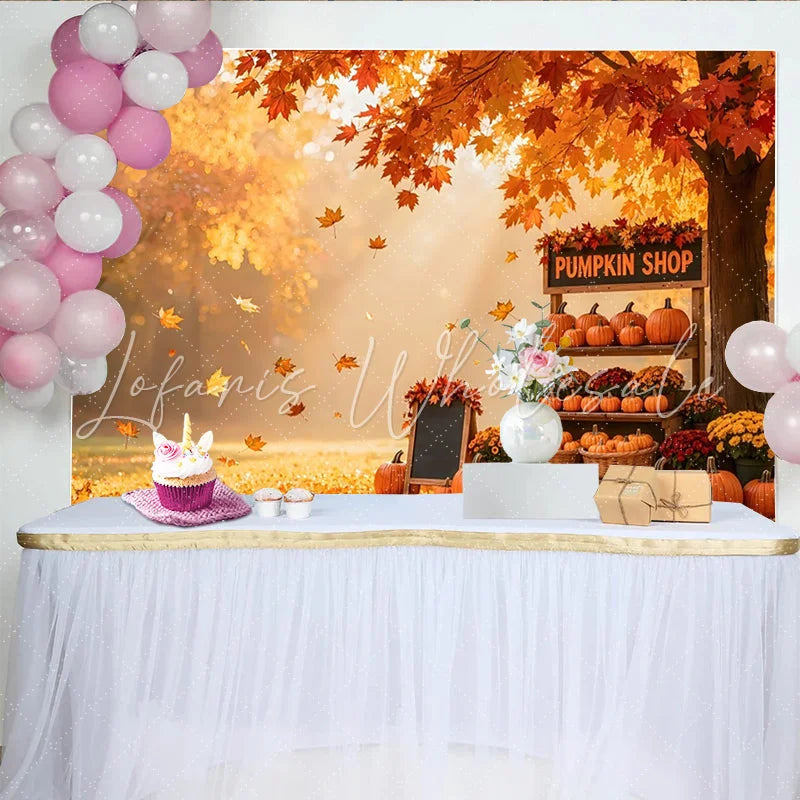Lofaris Vibrant Autumn Pumpkin Shop Backdrop with Falling Leaves and Harvest Decor Fall Photography Background for Studio Photoshoot