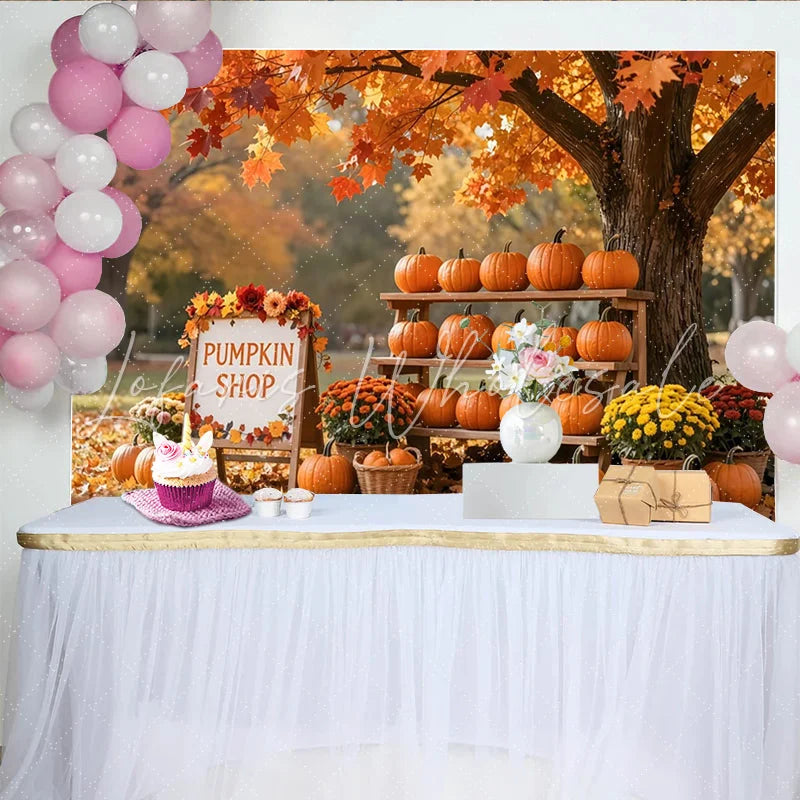 Lofaris Vibrant Autumn Pumpkin Shop Holiday Backdrop with Fall Leaves Cozy Seasonal Photography Background for Fall Festival Decor