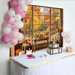 Lofaris Vibrant Autumn Window Photography Backdrop with Pumpkins and Sunflowers Rustic Fall Forest Background for Studio Photoshoots