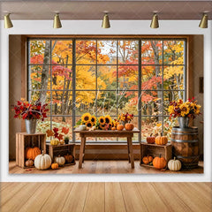 Lofaris Vibrant Autumn Window Photography Backdrop with Pumpkins and Sunflowers Rustic Fall Forest Background for Studio Photoshoots