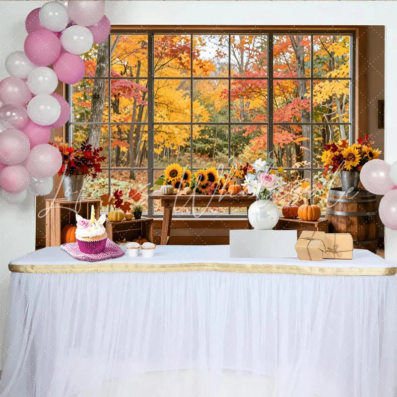 Lofaris Vibrant Autumn Window Photography Backdrop with Pumpkins and Sunflowers Rustic Fall Forest Background for Studio Photoshoots