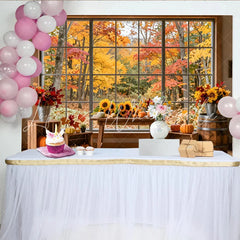 Lofaris Vibrant Autumn Window Photography Backdrop with Pumpkins and Sunflowers Rustic Fall Forest Background for Studio Photoshoots