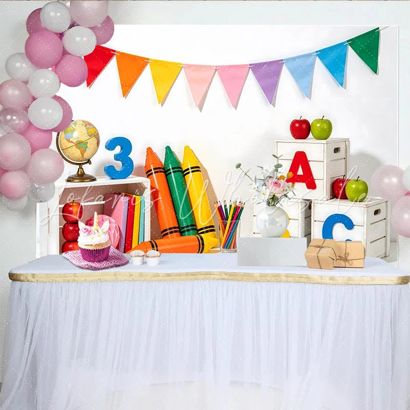 Lofaris Vibrant Back to School Backdrop with ABC Letters Crayons and Apples Educational Photography Background for Classroom Decor