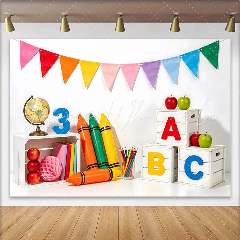 Lofaris Vibrant Back to School Backdrop with ABC Letters Crayons and Apples Educational Photography Background for Classroom Decor