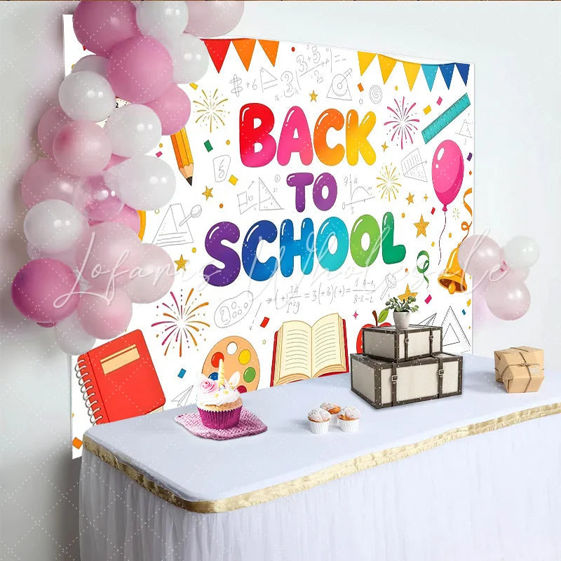 Lofaris Vibrant Back To School Backdrop with Alarm Clock Books and Apple Educational Theme Background for Classroom Decor