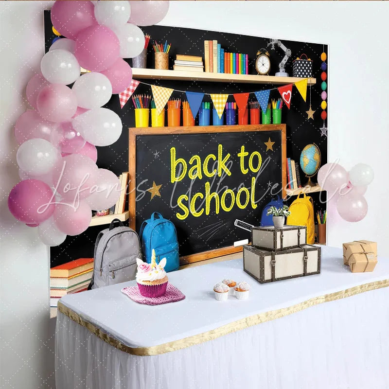 Lofaris Vibrant Back to School Backdrop with Blackboard and Globes Educational Photo Background for Classroom Decor