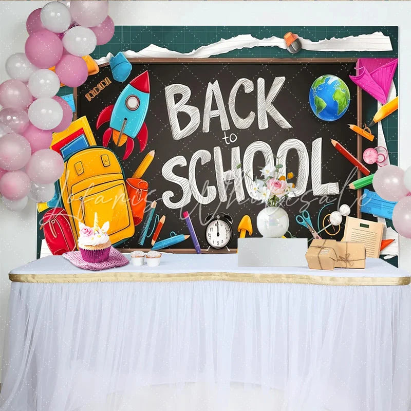 Lofaris Vibrant Back To School Backdrop with Blackboard and School Supplies Colorful Photography Background for Classroom Decor
