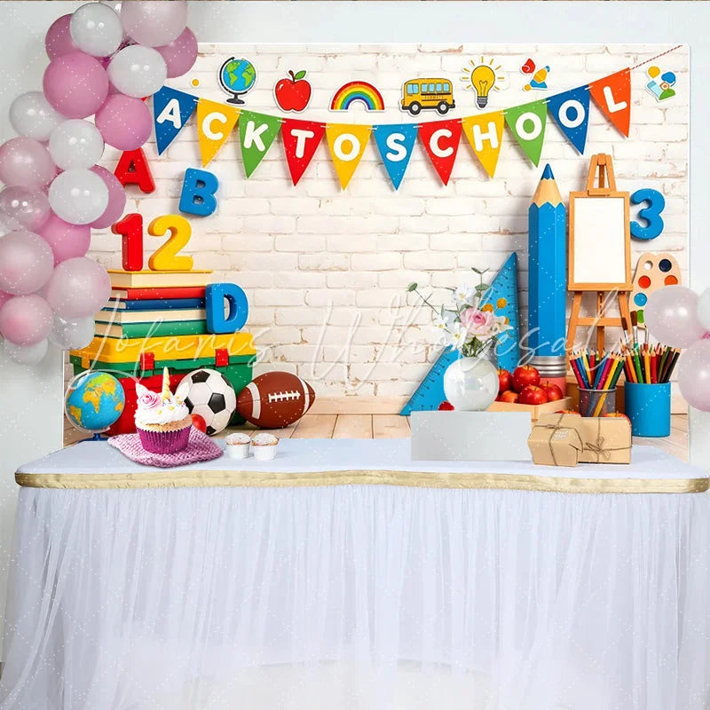 Lofaris Vibrant Back To School Backdrop with Books and ABC Letters Bright Educational Background for Classroom Decor and Photoshoot