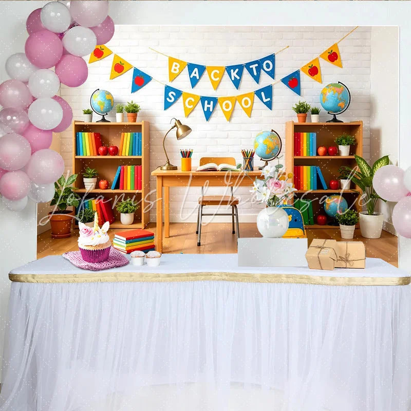 Lofaris Vibrant Back To School Backdrop with Books and Globes Educational Classroom Background for Photography and Party Decor.