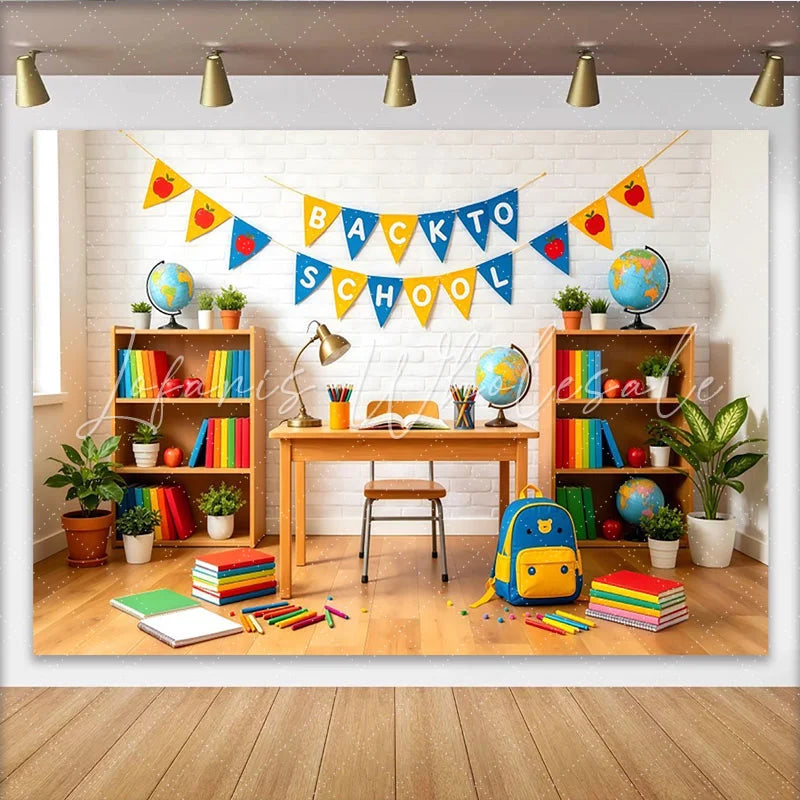 Lofaris Vibrant Back To School Backdrop with Books and Globes Educational Classroom Background for Photography and Party Decor.