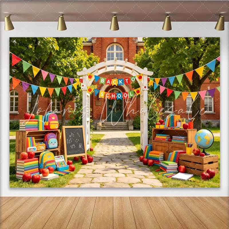 Lofaris Vibrant Back To School Backdrop with Books Apples and Backpacks Photography Background for Classroom Party Decoration
