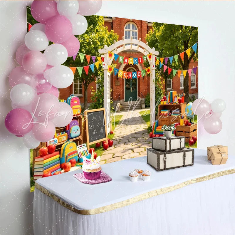 Lofaris Vibrant Back To School Backdrop with Books Apples and Backpacks Photography Background for Classroom Party Decoration