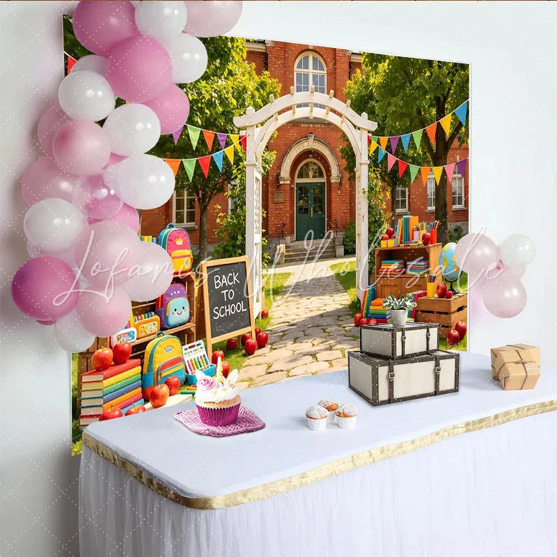 Lofaris Vibrant Back to School Backdrop with Books Backpacks and Apples Festive Photography Background for Classroom and Party Decor