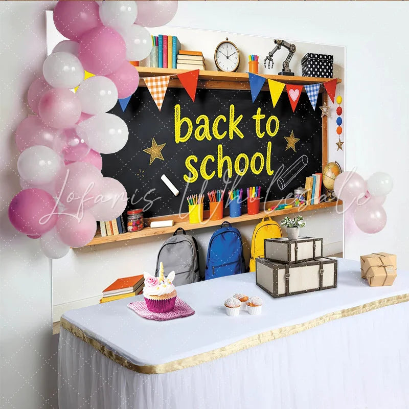 Lofaris Vibrant Back to School Backdrop with Chalkboard Books and Globes Educational Photography Background for Classroom Decoration