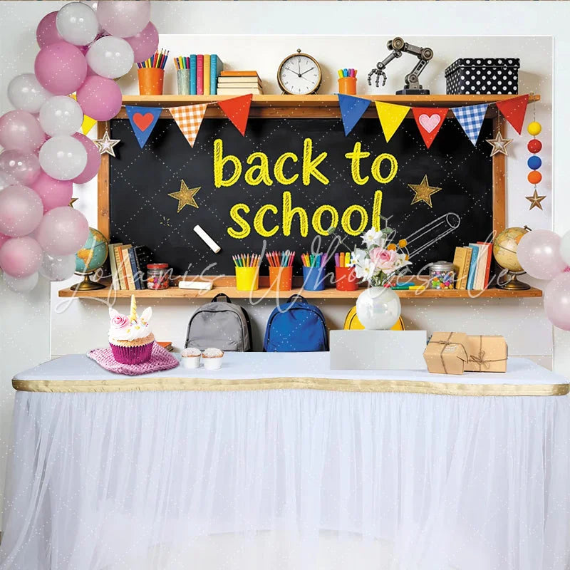 Lofaris Vibrant Back to School Backdrop with Chalkboard Books and Globes Educational Photography Background for Classroom Decoration