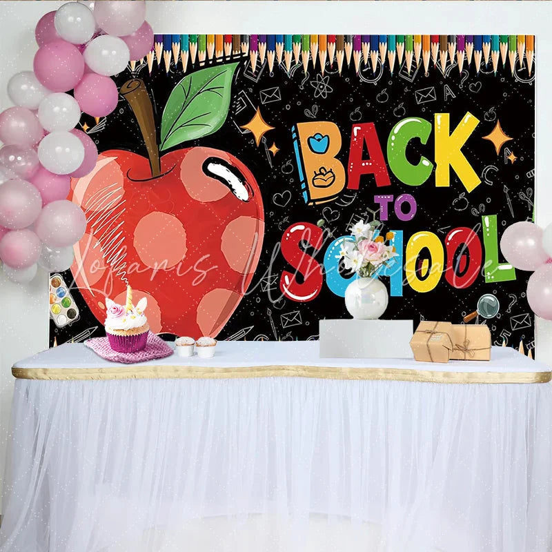 Lofaris Vibrant Back to School Backdrop with Red Apple and Chalkboard Art Colorful Pencil Border Photography Background for Classroom