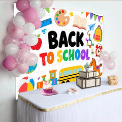 Lofaris Vibrant Back to School Backdrop with School Bus and Owl Educational Theme Background for Classroom Decor and Kids Party