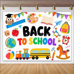 Lofaris Vibrant Back to School Backdrop with School Bus and Owl Educational Theme Background for Classroom Decor and Kids Party