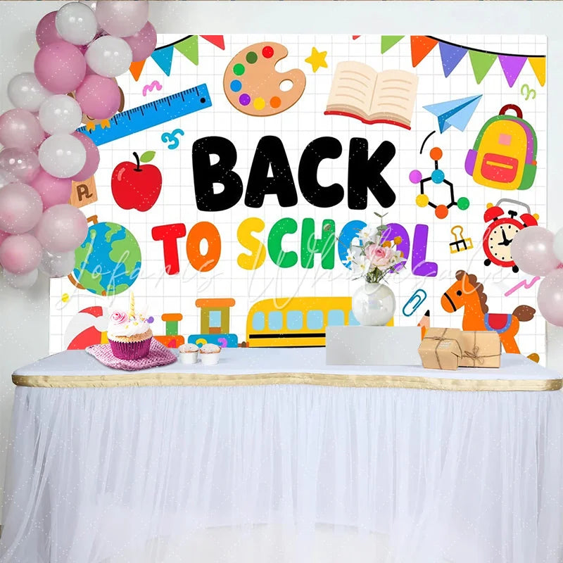 Lofaris Vibrant Back to School Backdrop with School Bus and Owl Educational Theme Background for Classroom Decor and Kids Party
