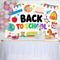 Lofaris Vibrant Back to School Backdrop with School Bus and Owl Educational Theme Background for Classroom Decor and Kids Party