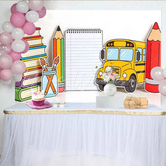 Lofaris Vibrant Back To School Backdrop with Yellow School Bus and Colorful Books Cute Classroom Decor Background for Kids Photoshoot