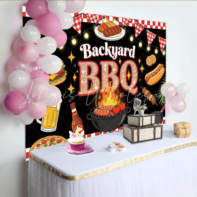 Lofaris Vibrant Backyard BBQ Photography Backdrop with Grill Food and Beer Festive Party Background for Summer Event Decor.
