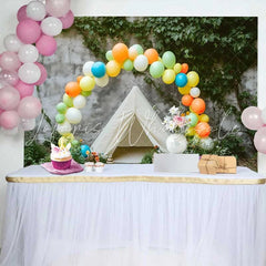 Lofaris Vibrant Balloon Arch and Teepee Tent Birthday Cake Smash Backdrop Outdoor Rustic Photo Shoot Decor