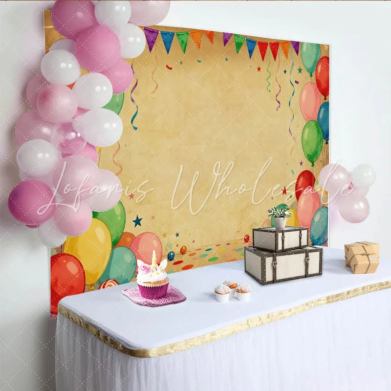 Lofaris Vibrant Balloons and Bunting Flags Party Backdrop Vintage Brown Confetti for Birthday Celebration