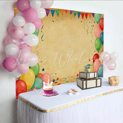 Lofaris Vibrant Balloons and Bunting Flags Party Backdrop Vintage Brown Confetti for Birthday Celebration