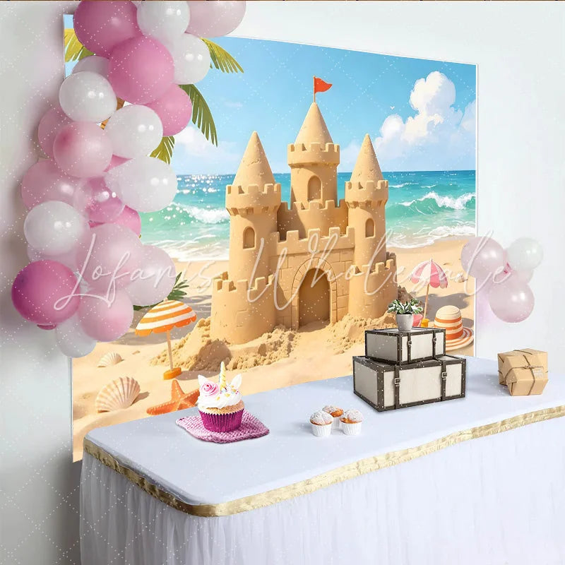 Lofaris Vibrant Beach Sandcastle Photography Backdrop with Ocean Waves and Palm Tree Summer Vacation Background for Studio Photoshoot