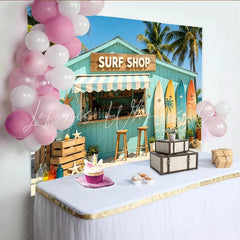 Lofaris Vibrant Beach Surf Shop Photography Backdrop with Palm Trees and Ocean Colorful Surfboards and Starfish Summer Photo Booth
