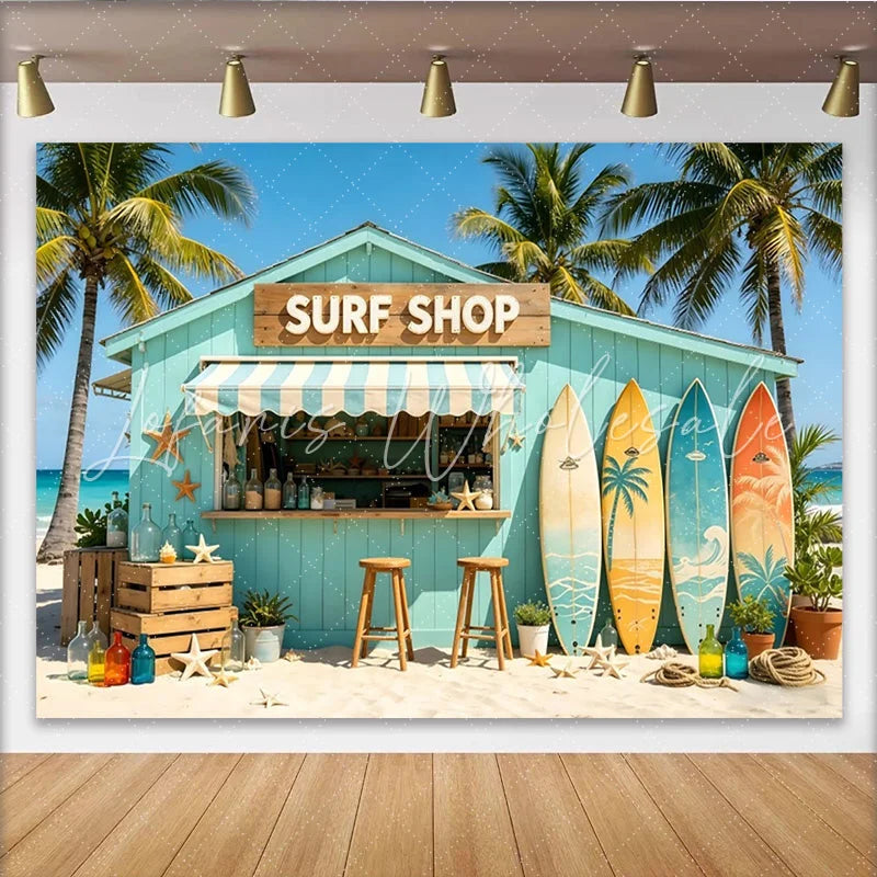 Lofaris Vibrant Beach Surf Shop Photography Backdrop with Palm Trees and Ocean Colorful Surfboards and Starfish Summer Photo Booth