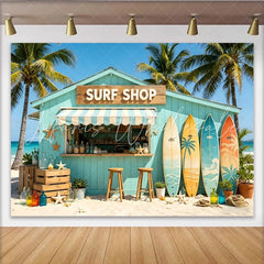 Lofaris Vibrant Beach Surf Shop Photography Backdrop with Palm Trees and Ocean Colorful Surfboards and Starfish Summer Photo Booth