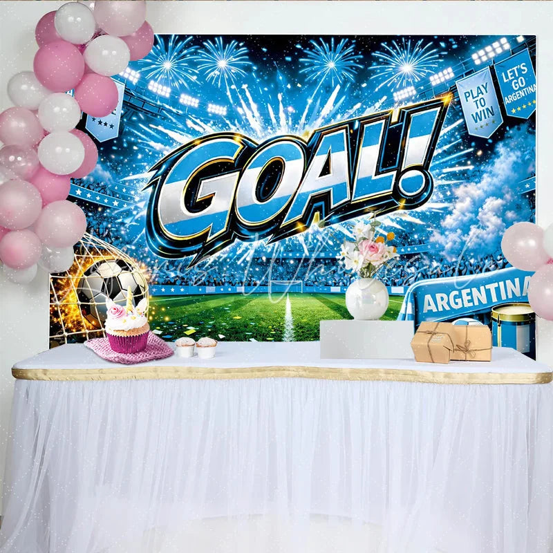 Lofaris Vibrant Blue Football Stadium Backdrop with Goal Celebration and Fireworks Argentina Soccer Theme for Party Photography