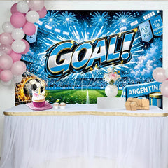 Lofaris Vibrant Blue Football Stadium Backdrop with Goal Celebration and Fireworks Argentina Soccer Theme for Party Photography