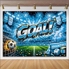 Lofaris Vibrant Blue Football Stadium Backdrop with Goal Celebration and Fireworks Argentina Soccer Theme for Party Photography