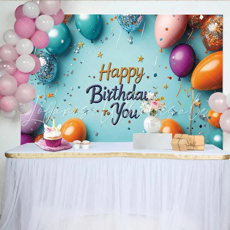 Lofaris Vibrant Blue Happy Birthday Backdrop with Colorful Balloons Glitter Confetti and Stars for Party Celebration