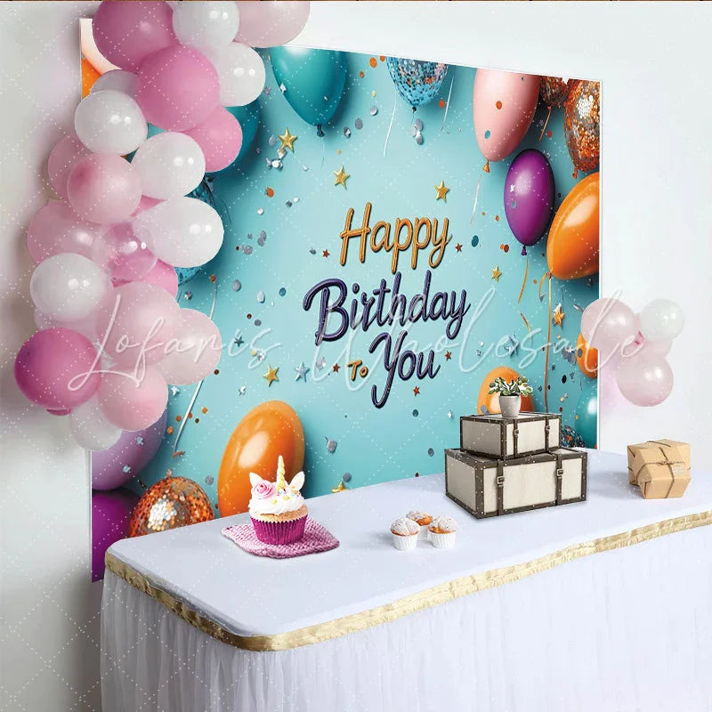 Lofaris Vibrant Blue Happy Birthday Backdrop with Colorful Balloons Glitter Confetti and Stars for Party Celebration