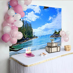 Lofaris Vibrant Blue Ocean Beach Photography Backdrop with Green Forest Summer Studio Background for Vacation Photoshoot