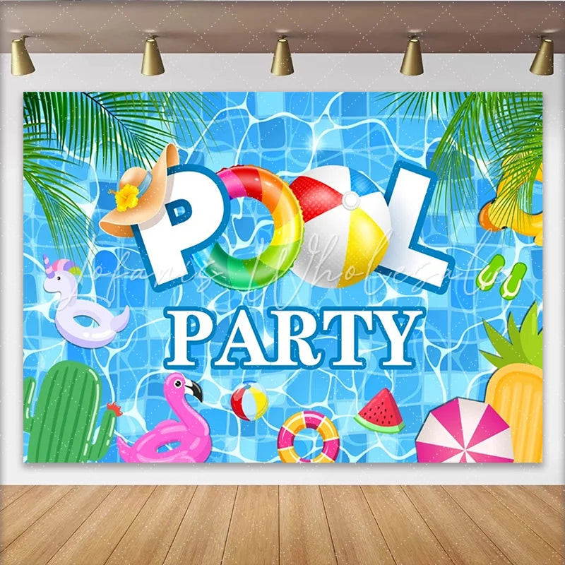 Lofaris Vibrant Blue Pool Party Backdrop with Summer Floats and Palm Leaves Fun Photography Background for Kids and Summer Events