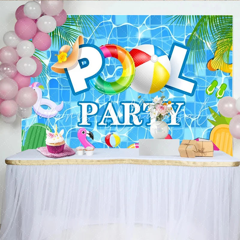 Lofaris Vibrant Blue Pool Party Backdrop with Summer Floats and Palm Leaves Fun Photography Background for Kids and Summer Events