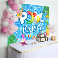 Lofaris Vibrant Blue Pool Party Backdrop with Summer Floats and Palm Leaves Fun Photography Background for Kids and Summer Events