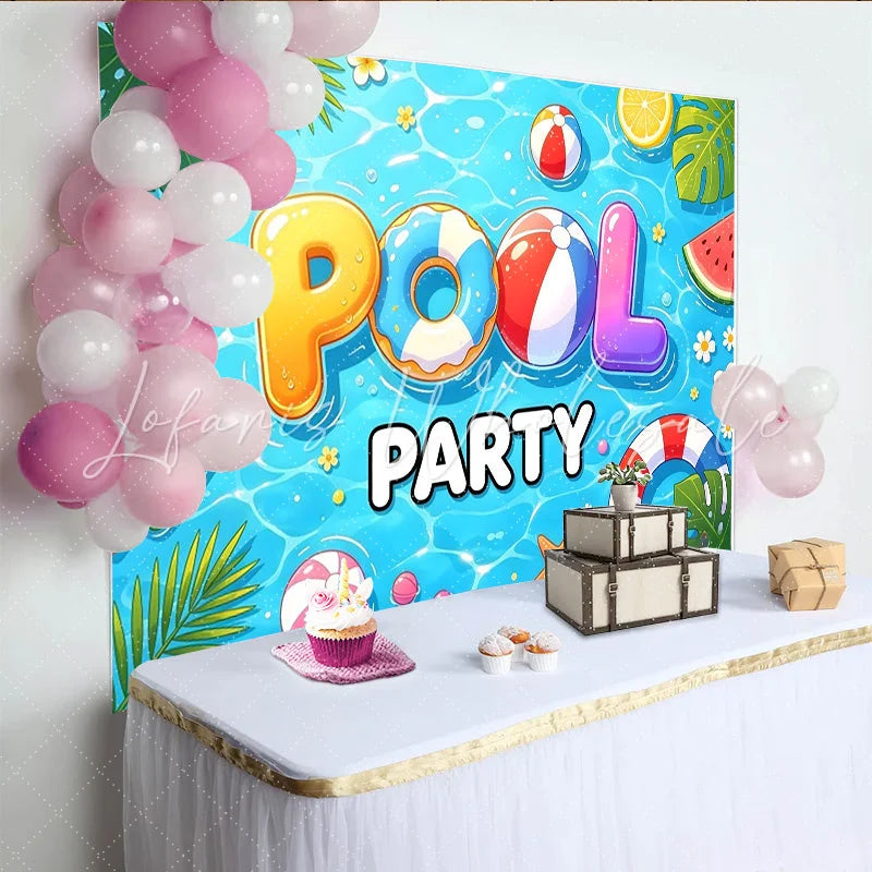 Lofaris Vibrant Blue Pool Party Birthday Backdrop with Inflatable Letters and Summer Fruits Fun Photography Background for Kids and Adults