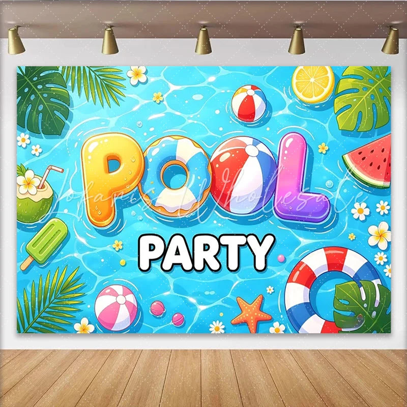 Lofaris Vibrant Blue Pool Party Birthday Backdrop with Inflatable Letters and Summer Fruits Fun Photography Background for Kids and Adults