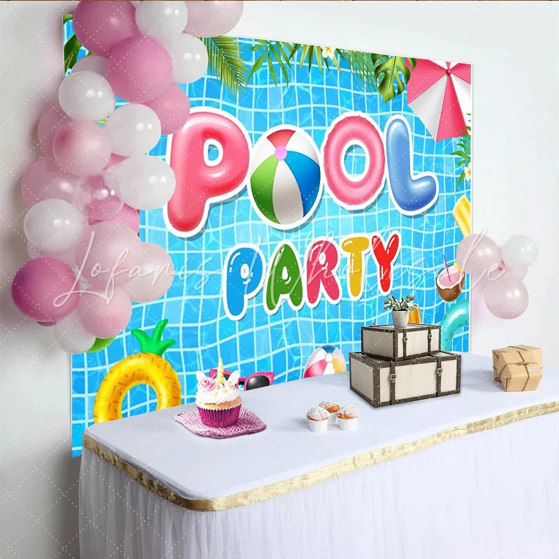 Lofaris Vibrant Blue Pool Party Birthday Backdrop with Summer Inflatables Fun Celebration Background for Kids and Adults Photoshoot