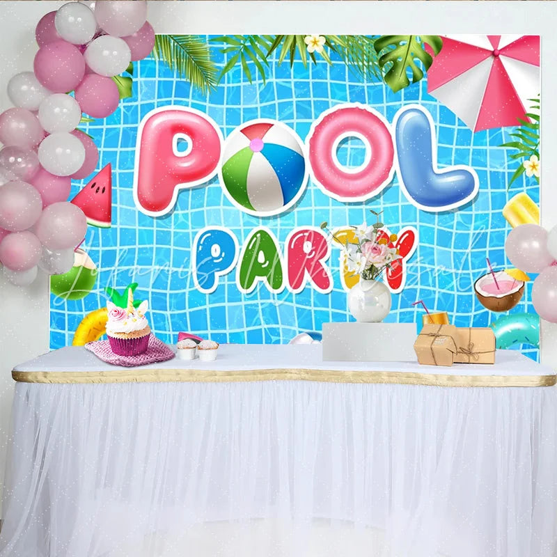 Lofaris Vibrant Blue Pool Party Birthday Backdrop with Summer Inflatables Fun Celebration Background for Kids and Adults Photoshoot
