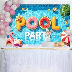 Lofaris Vibrant Blue Pool Party Photography Backdrop with Inflatable Letters and Flamingo Summer Fun Background for Kids and Adults
