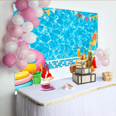 Lofaris Vibrant Blue Pool Summer Photography Backdrop with Colorful Pennants Tropical Vacation Background for Party Decor