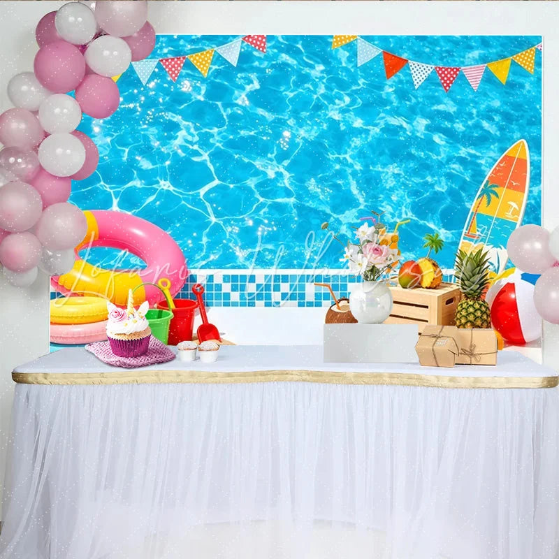 Lofaris Vibrant Blue Pool Summer Photography Backdrop with Colorful Pennants Tropical Vacation Background for Party Decor