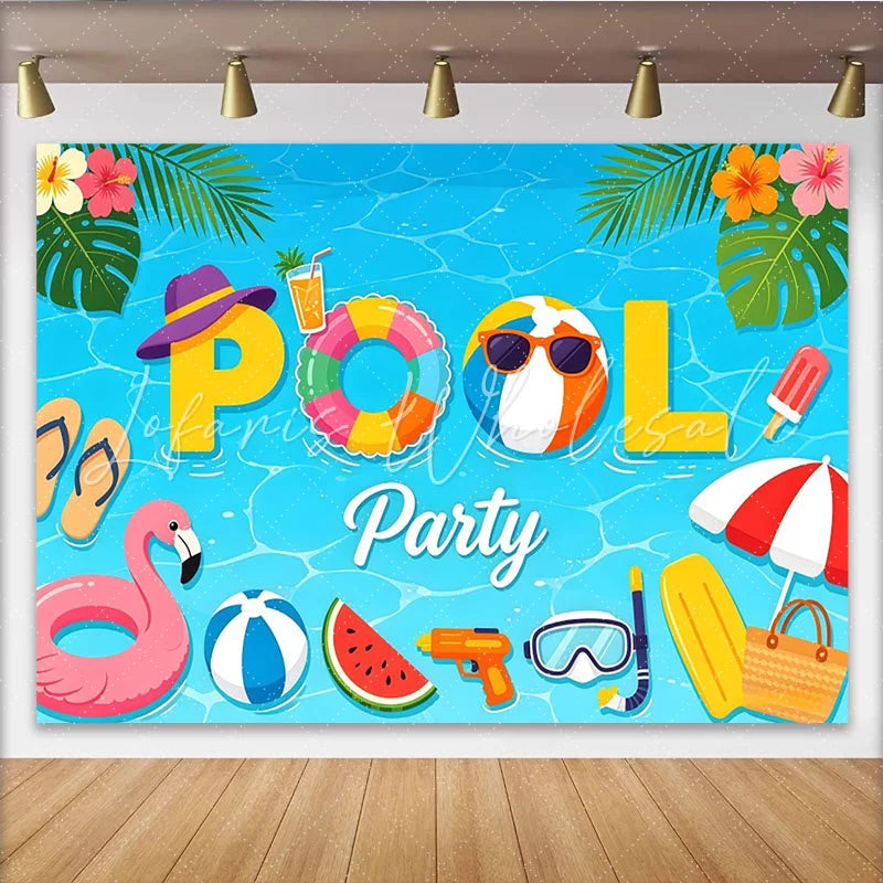Lofaris Vibrant Blue Summer Pool Party Backdrop with Flamingo Tropical Festive Background for Photoshoot and Decor.